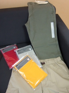 Benno's colourful t-shirts, quick dry shorts and soft green long pants.
